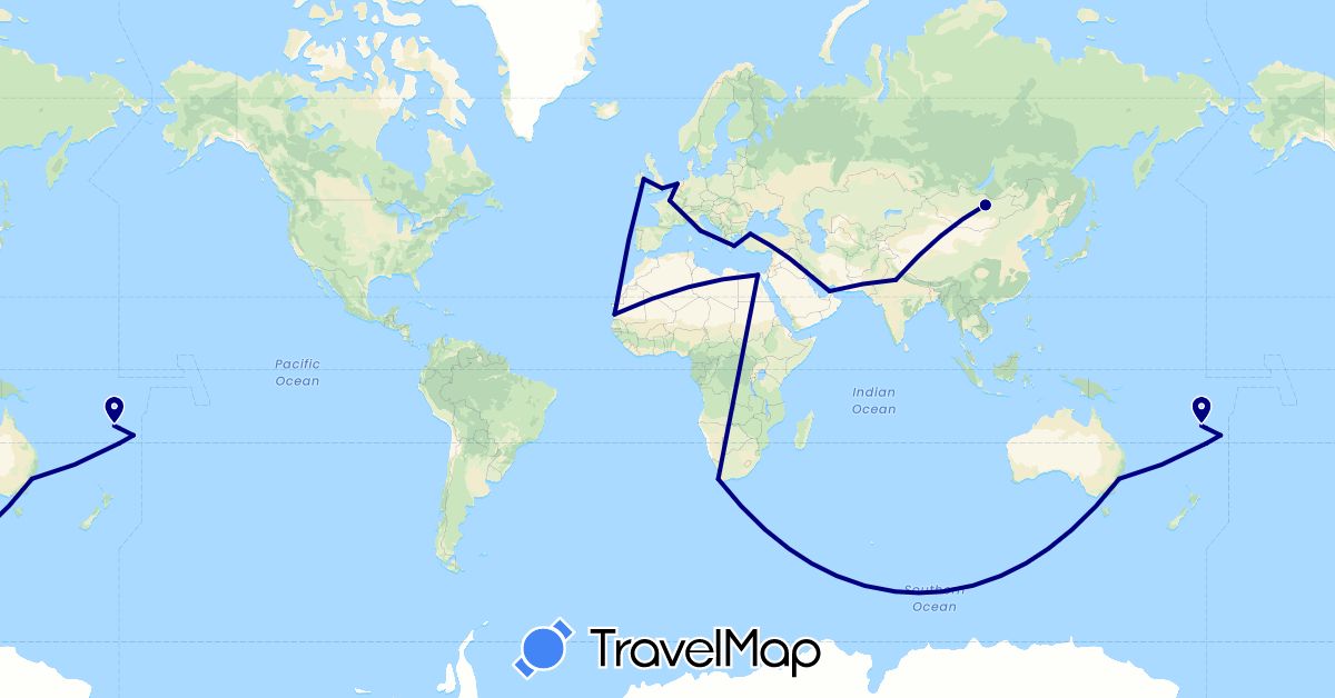 TravelMap itinerary: driving in United Arab Emirates, Australia, Egypt, Fiji, France, United Kingdom, Greece, Ireland, India, Italy, Mongolia, Mauritania, Netherlands, Tonga, Turkey, South Africa (Africa, Asia, Europe, Oceania)
